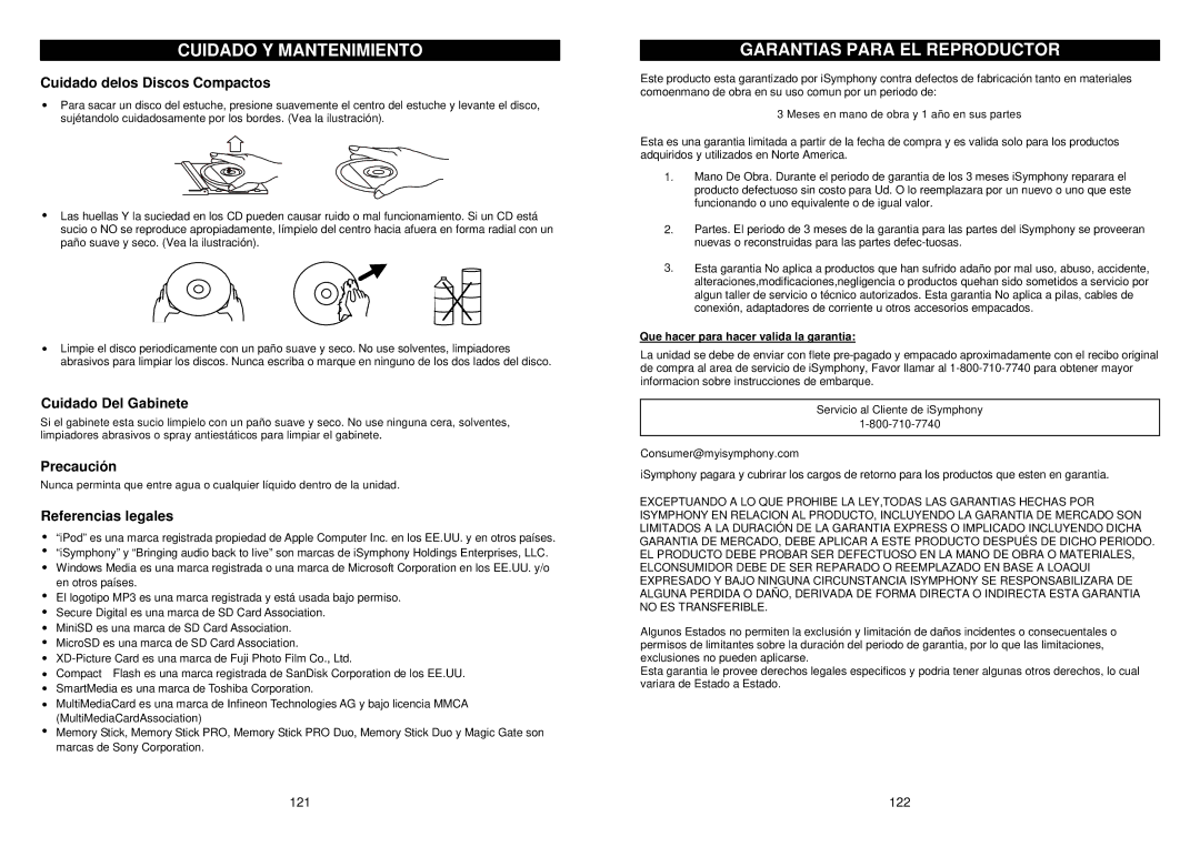 iSymphony M110 user manual Cuidado Y Mantenimiento, Garantias Para EL Reproductor 