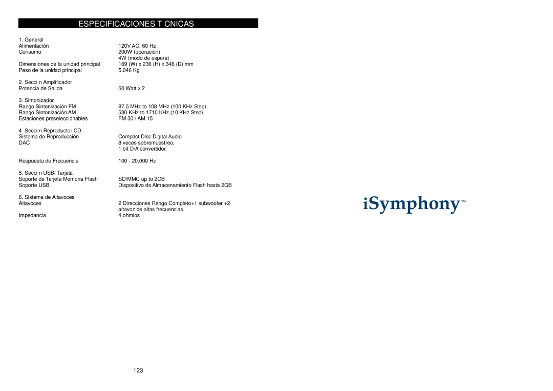 iSymphony M110 user manual Especificaciones Técnicas, General Alimentación Consumo, Sintonizador 