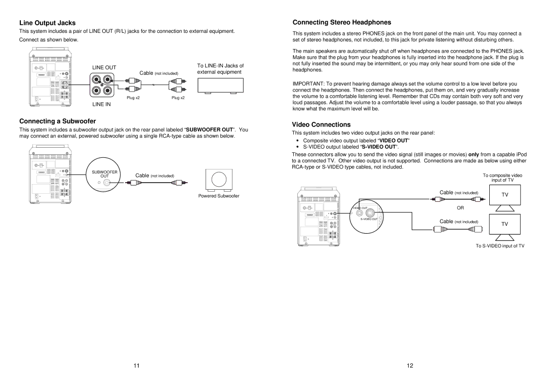 iSymphony M110 user manual Line Output Jacks, Connecting a Subwoofer, Connecting Stereo Headphones, Video Connections 