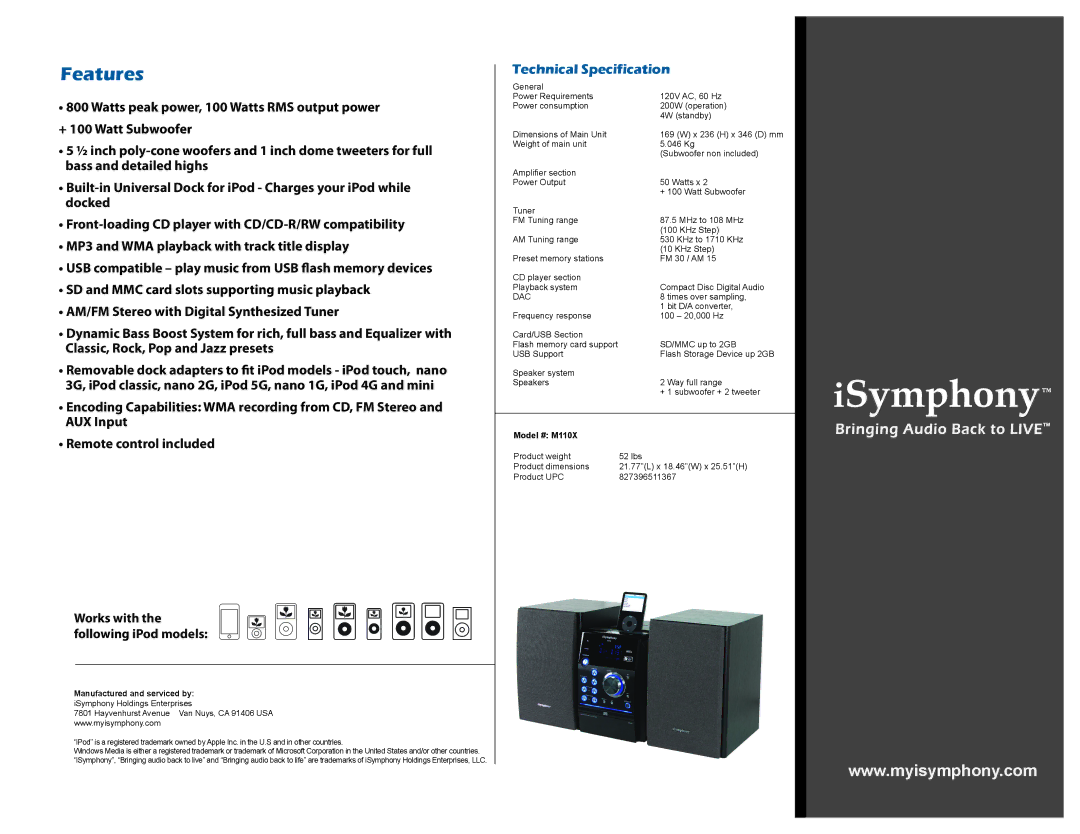 iSymphony dimensions Features, Technical Specification, Works with the following iPod models, Model # M110X 