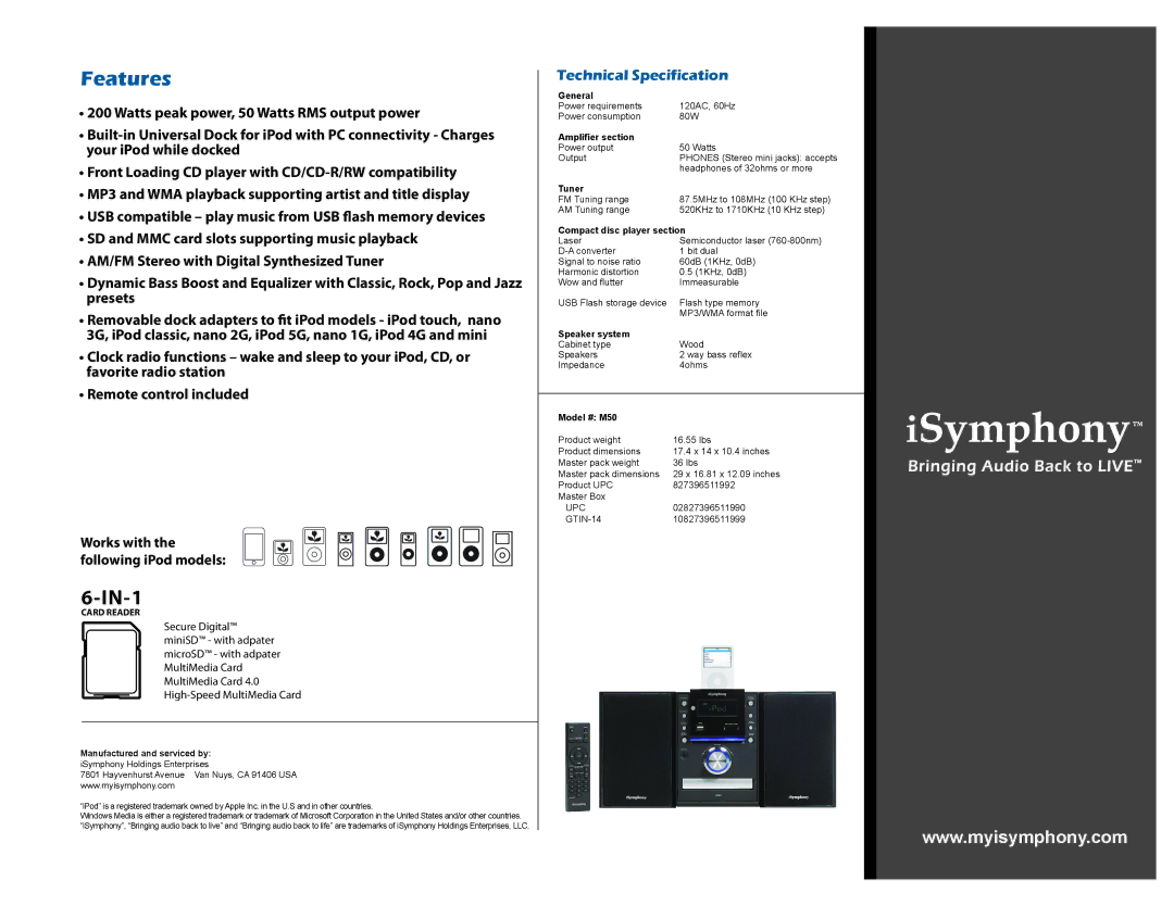 iSymphony M50 dimensions Features, IN-1, Technical Specification 