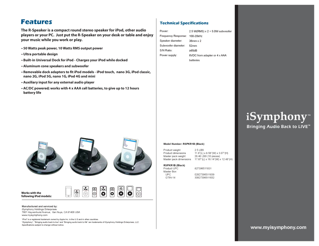 iSymphony R-Speaker Features, Technical Specifications, Manufactured and serviced by iSymphony Holdings Enterprises 