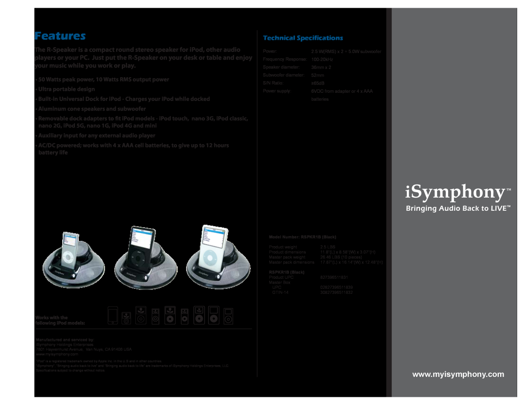 iSymphony R-Speaker, RSPKR1B specifications Features, Technical Specifications 