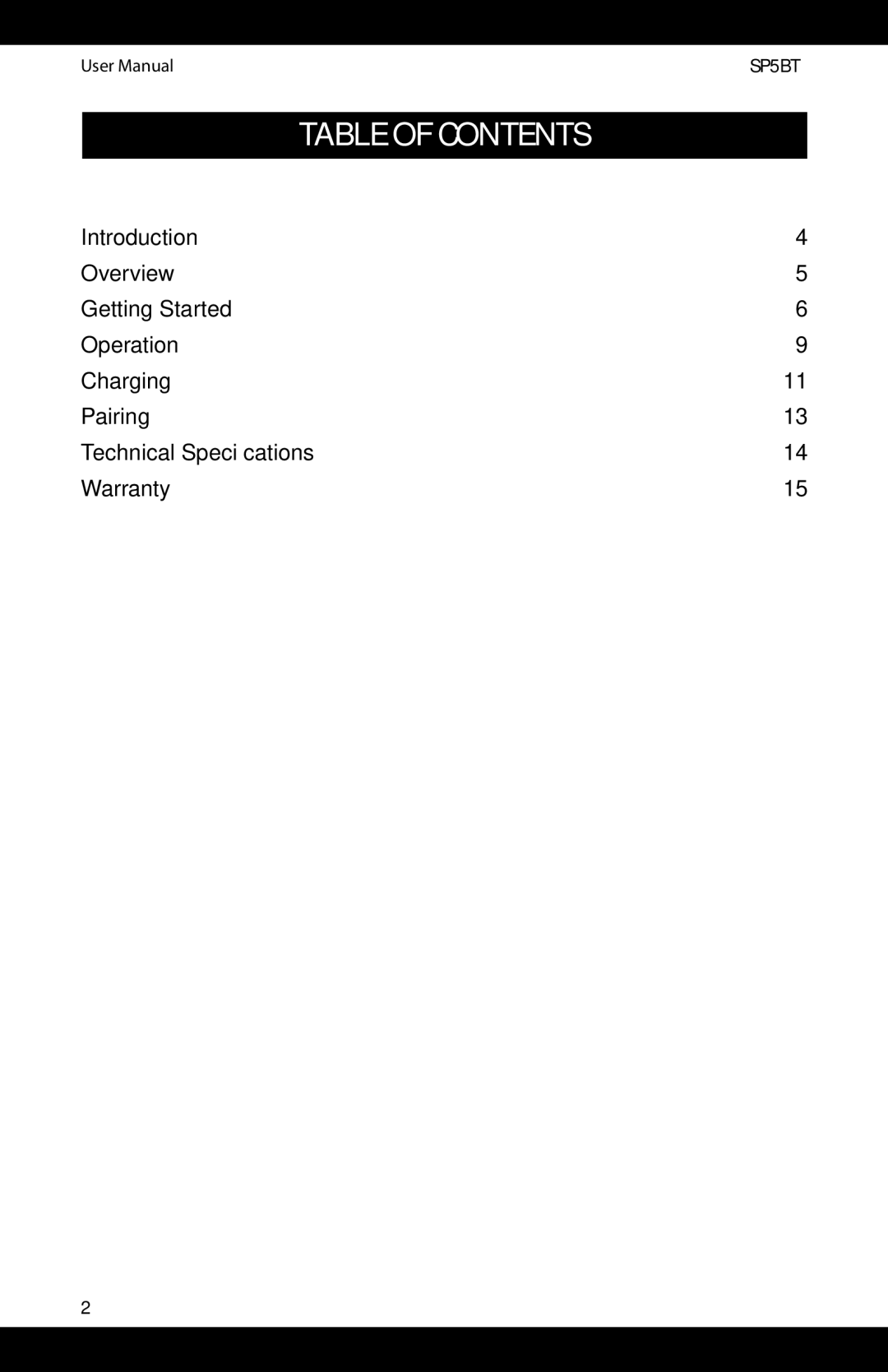 iSymphony SP5BT user manual Table of Contents 