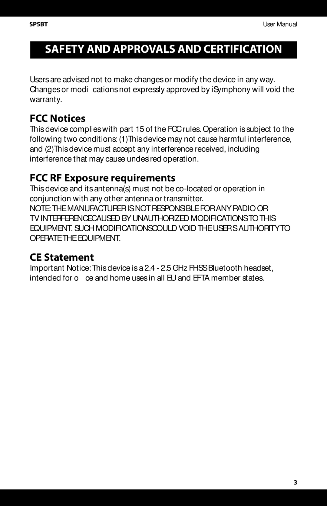 iSymphony SP5BT user manual Safety and Approvals and Certification, FCC Notices, FCC RF Exposure requirements, CE Statement 