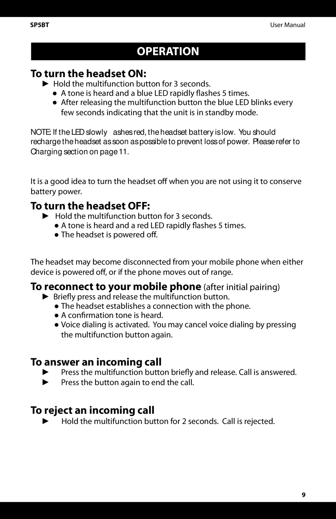 iSymphony SP5BT user manual Operation 