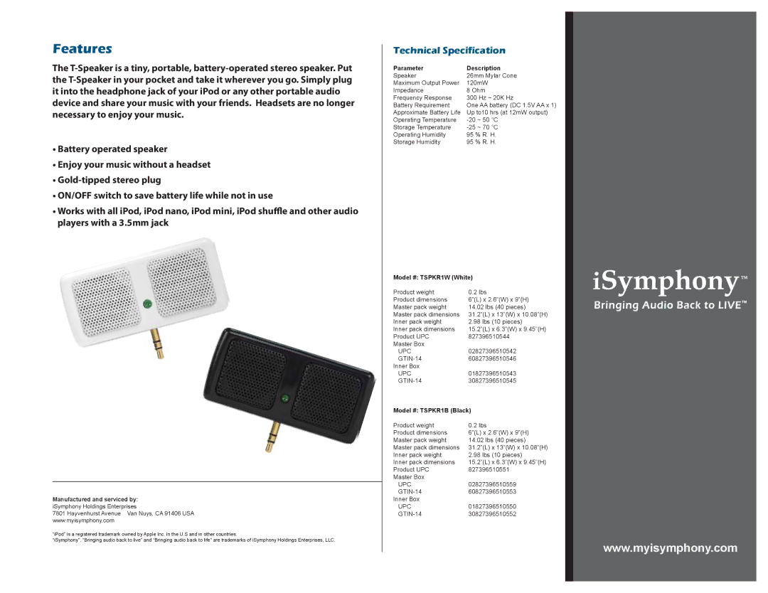 iSymphony TSPKR1W, T-Speaker dimensions Features, Technical Specification 