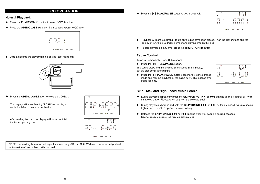 iSymphony V1BLUE user manual CD Operation, Normal Playback, Pause Control, Skip Track and High Speed Music Search 