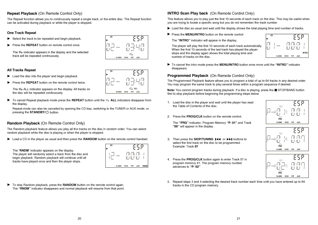 iSymphony V1BLUE user manual Intro Scan Play back On Remote Control Only, Programmed Playback On Remote Control Only 