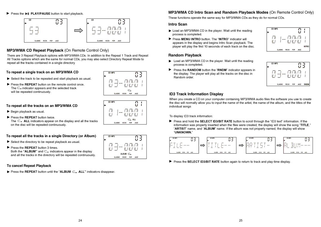 iSymphony V1BLUE user manual MP3/WMA CD Repeat Playback On Remote Control Only, Intro Scan, Random Playback 