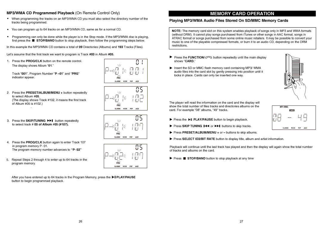 iSymphony V1BLUE user manual Memory Card Operation, MP3/WMA CD Programmed Playback On Remote Control Only 