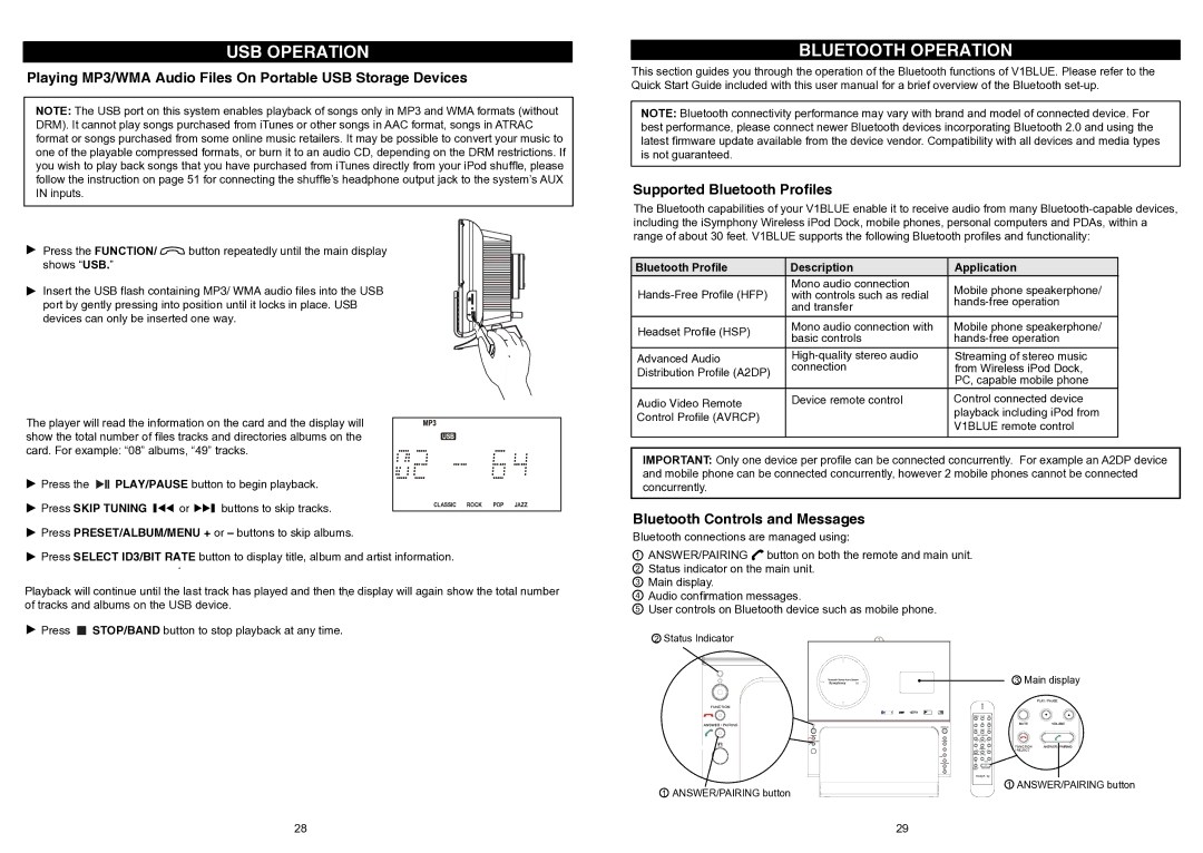 iSymphony V1BLUE USB Operation, Bluetooth Operation, Playing MP3/WMA Audio Files On Portable USB Storage Devices 