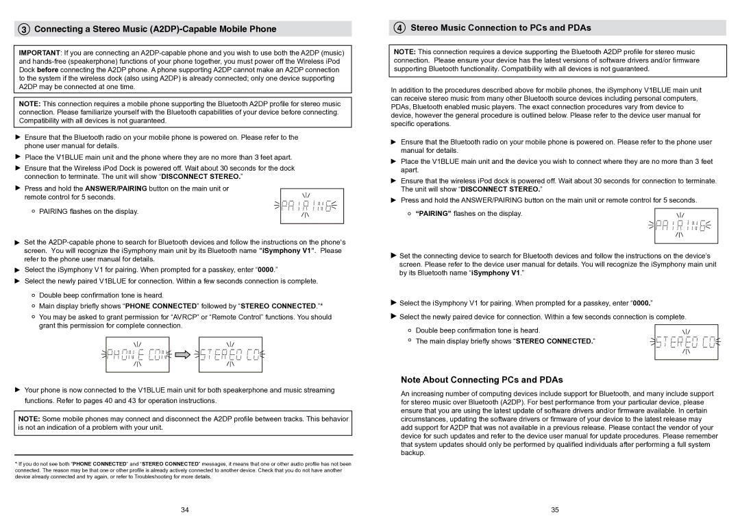 iSymphony V1BLUE user manual Connecting a Stereo Music A2DP-Capable Mobile Phone, Stereo Music Connection to PCs and PDAs 