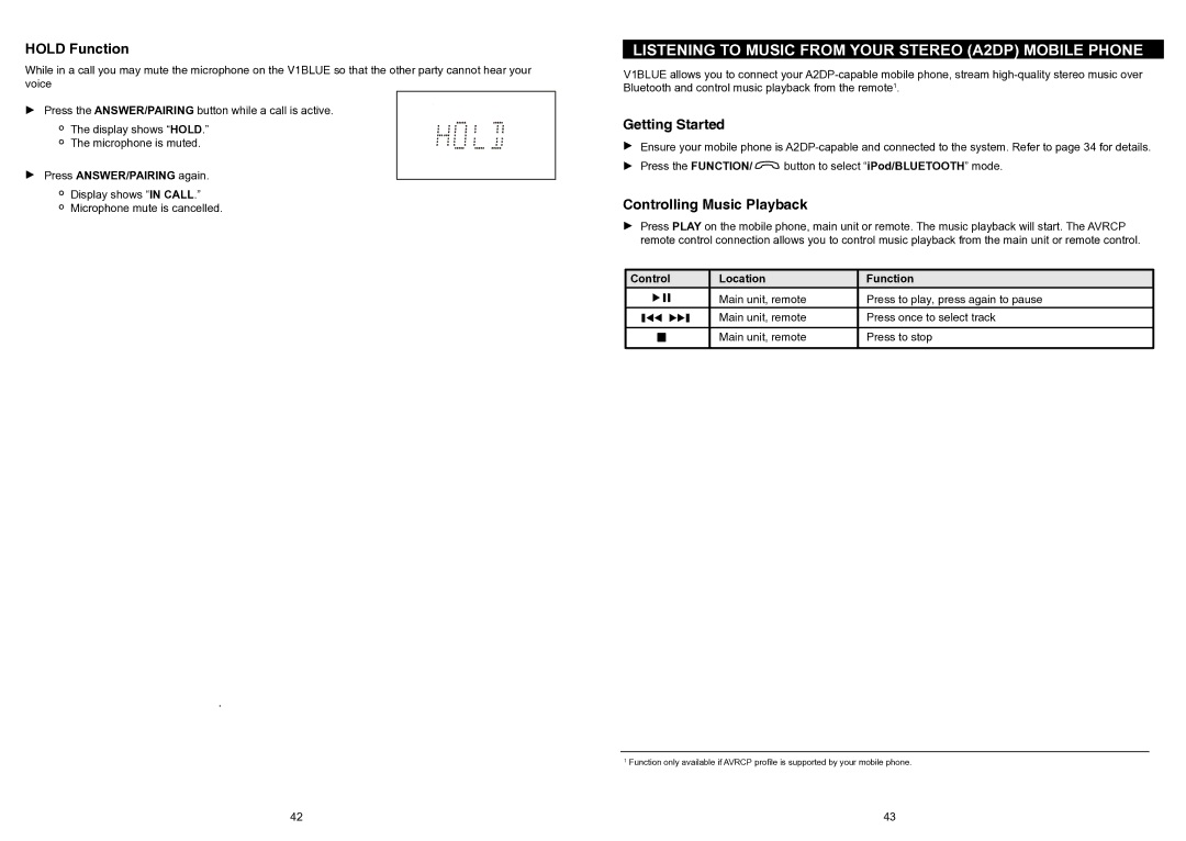 iSymphony V1BLUE user manual Hold Function, Controlling Music Playback, Press ANSWER/PAIRING again 