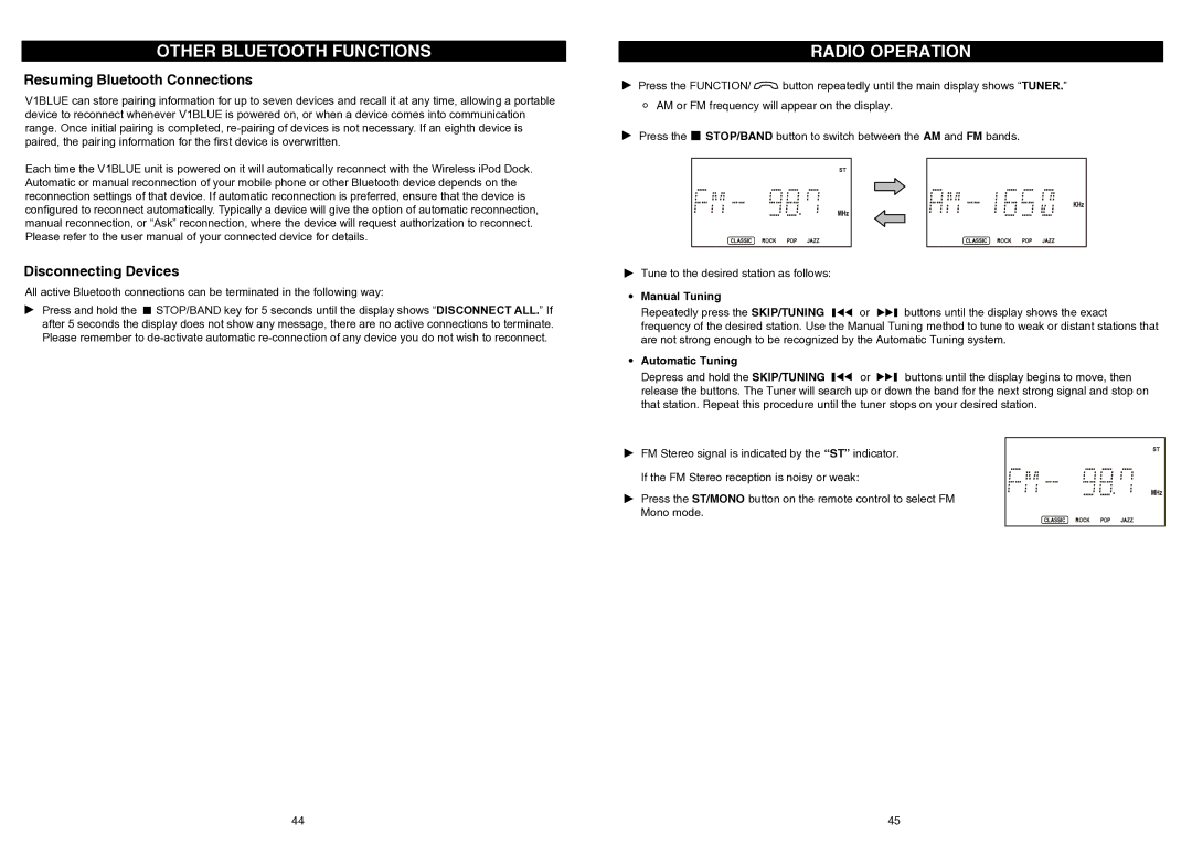 iSymphony V1BLUE Other Bluetooth Functions, Radio Operation, Resuming Bluetooth Connections, Disconnecting Devices 