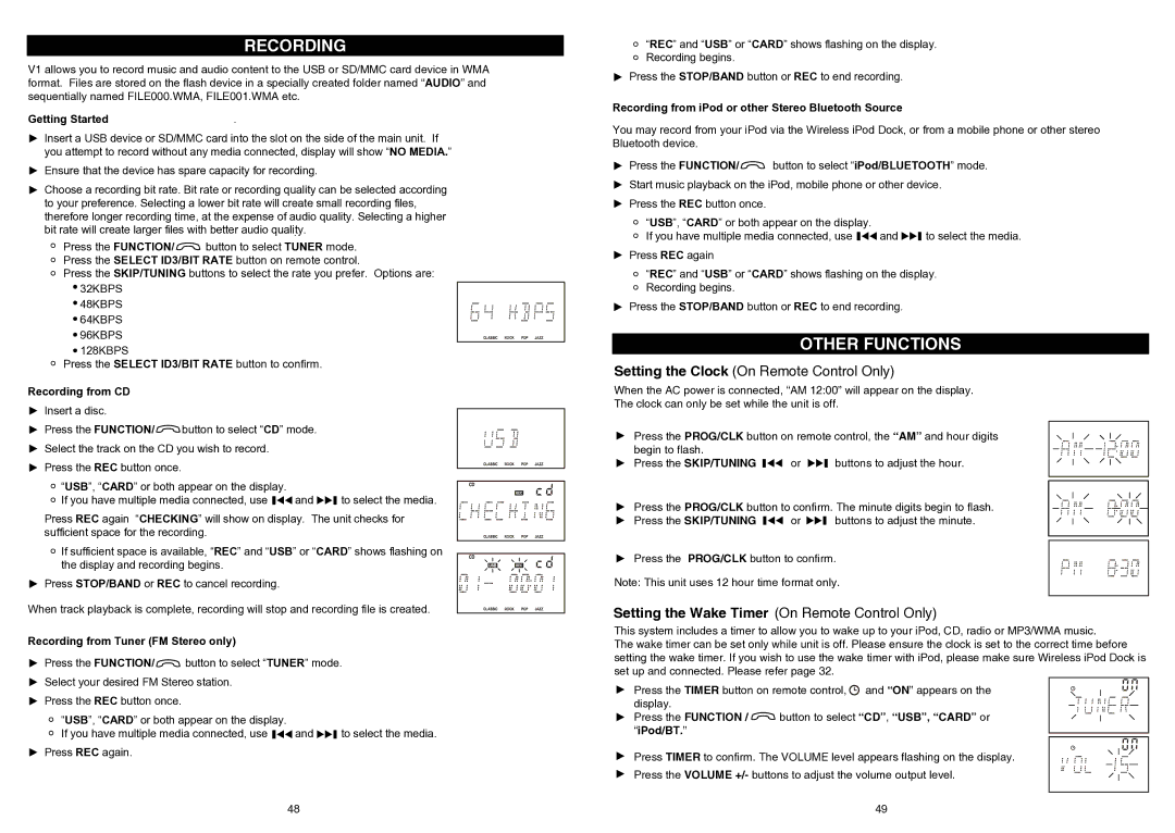 iSymphony V1BLUE user manual Other Functions, Recording from CD, Recording from Tuner FM Stereo only 