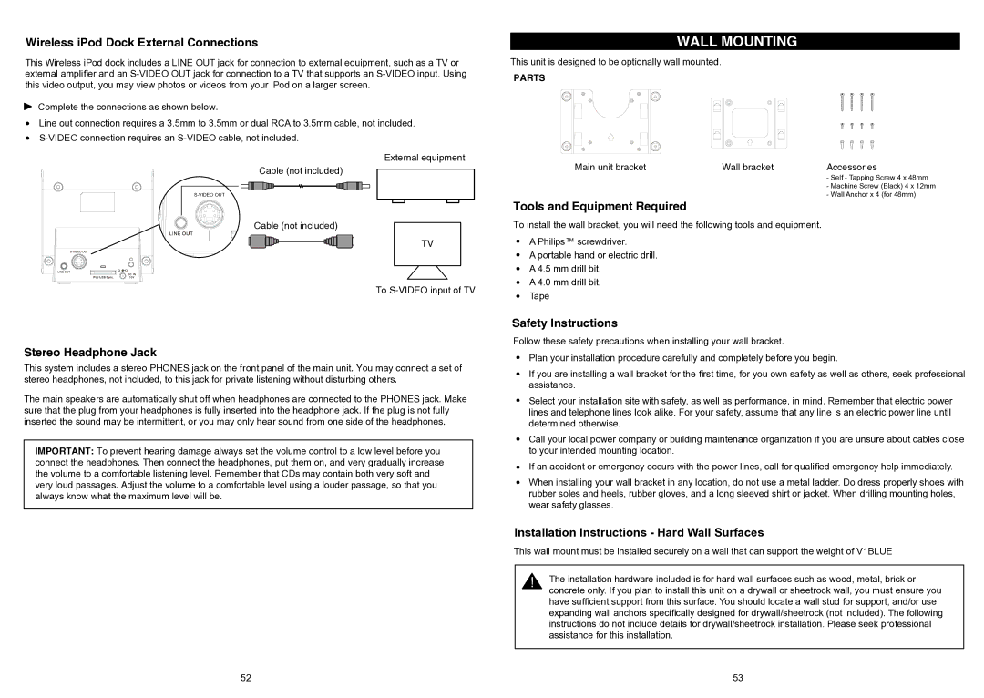 iSymphony V1BLUE user manual Wall Mounting, Installation Instructions Hard Wall Surfaces 