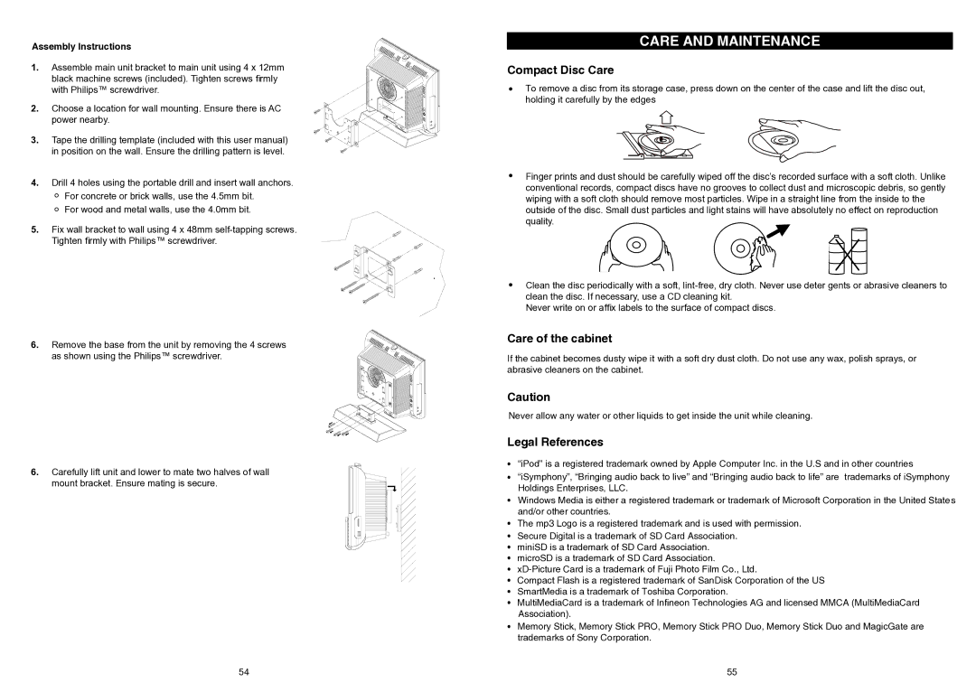 iSymphony V1BLUE user manual Care and Maintenance, Compact Disc Care, Care of the cabinet, Legal References 