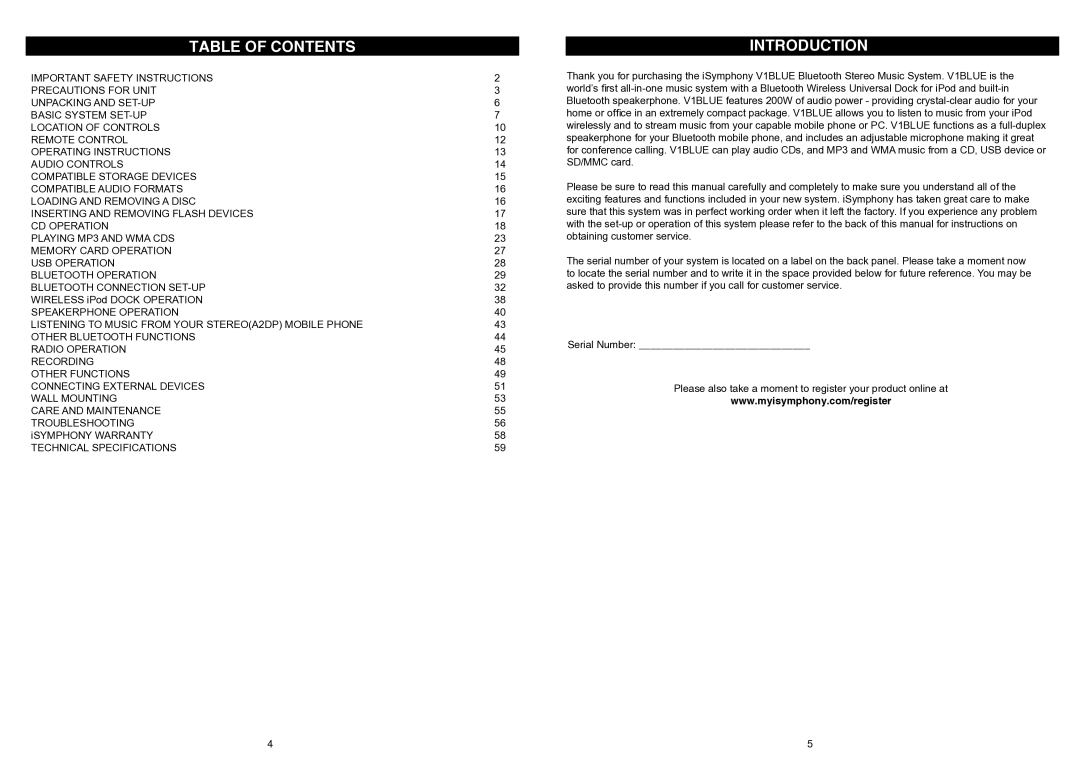 iSymphony V1BLUE user manual Table of Contents, Introduction 