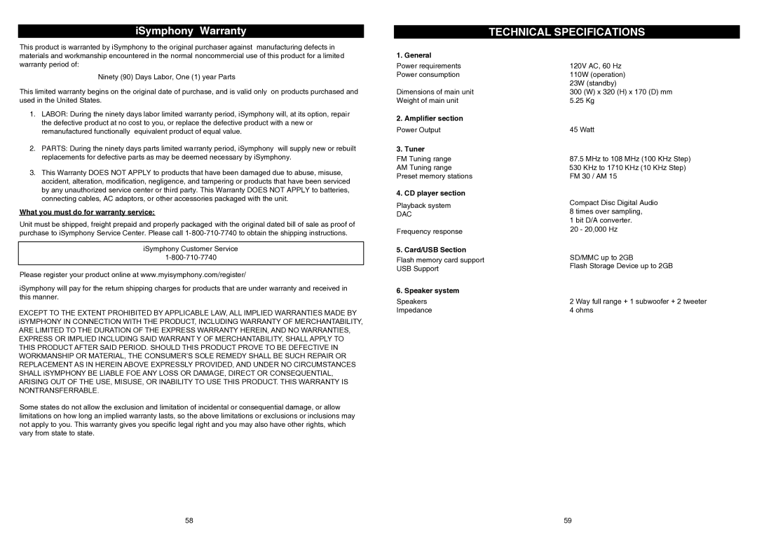 iSymphony V1BLUE user manual Technical Specifications, What you must do for warranty service 