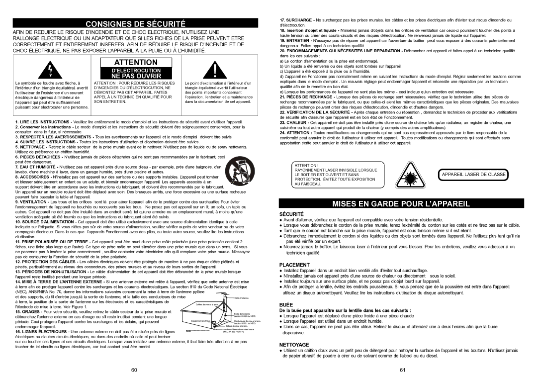 iSymphony V1BLUE user manual Consignes DE Sécurité, Mises EN Garde Pour L’APPAREIL 