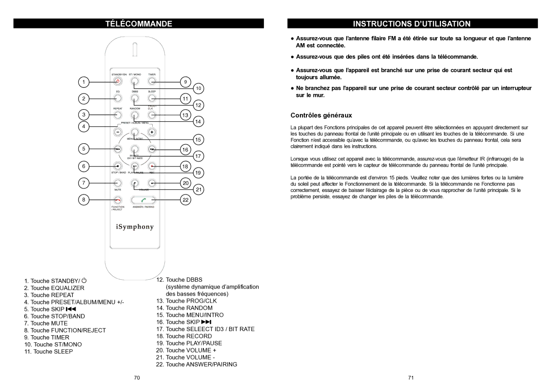 iSymphony V1BLUE user manual Télécommande Instructions D’UTILISATION, Contrôles généraux 