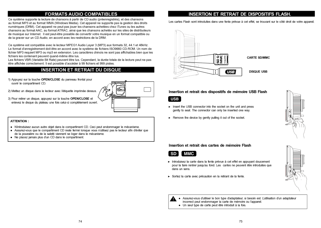 iSymphony V1BLUE Formats Audio Compatibles, Insertion ET Retrait DU Disque, Insertion ET Retrait DE Dispositifs Flash 