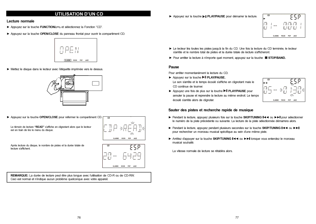 iSymphony V1BLUE user manual Utilisation D’UN CD, Lecture normale, Pause, Sauter des pistes et recherche rapide de musique 