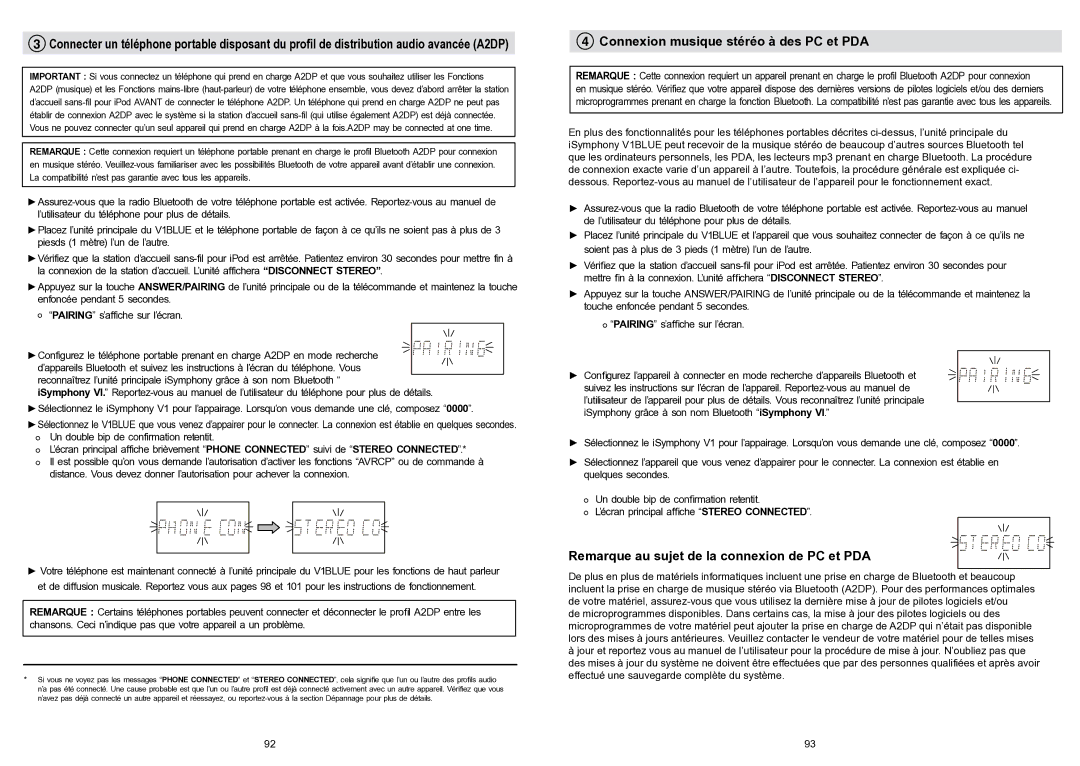 iSymphony V1BLUE user manual Connexion musique stéréo à des PC et PDA, Remarque au sujet de la connexion de PC et PDA 