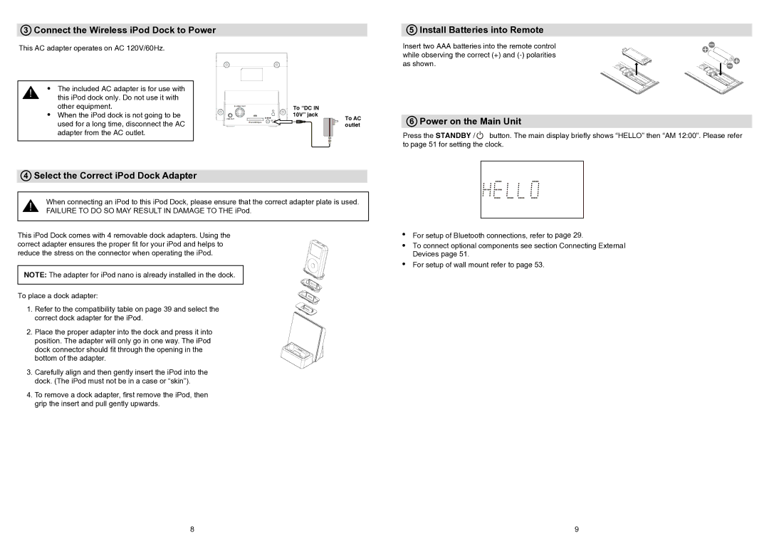 iSymphony V1BLUE user manual Connect the Wireless iPod Dock to Power, Install Batteries into Remote, Power on the Main Unit 