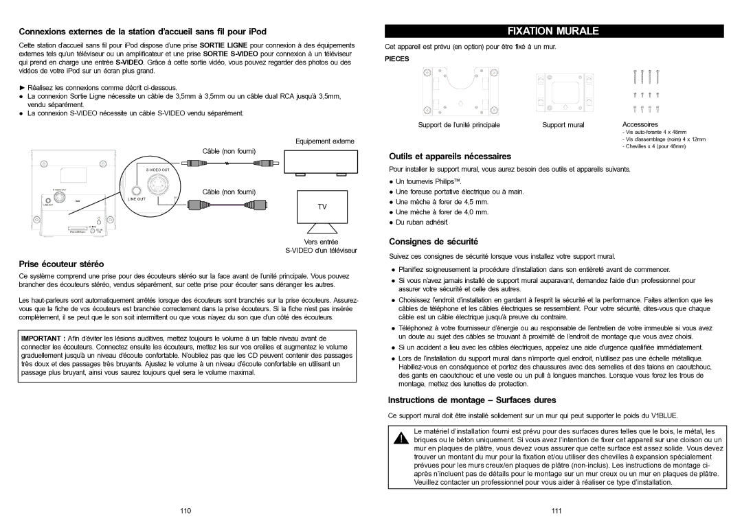 iSymphony V1BLUE user manual Fixation Murale, Prise écouteur stéréo, Outils et appareils nécessaires, Consignes de sécurité 