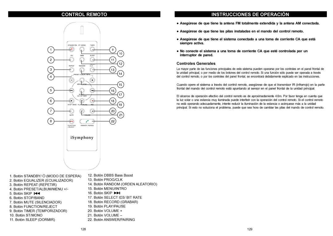 iSymphony V1BLUE user manual Control Remoto Instrucciones DE Operación, Controles Generales 