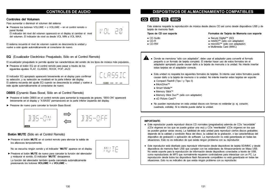 iSymphony V1BLUE user manual Controles DE Audio, Dispositivos DE Almacenamiento Compatibles, Controles del Volumen 