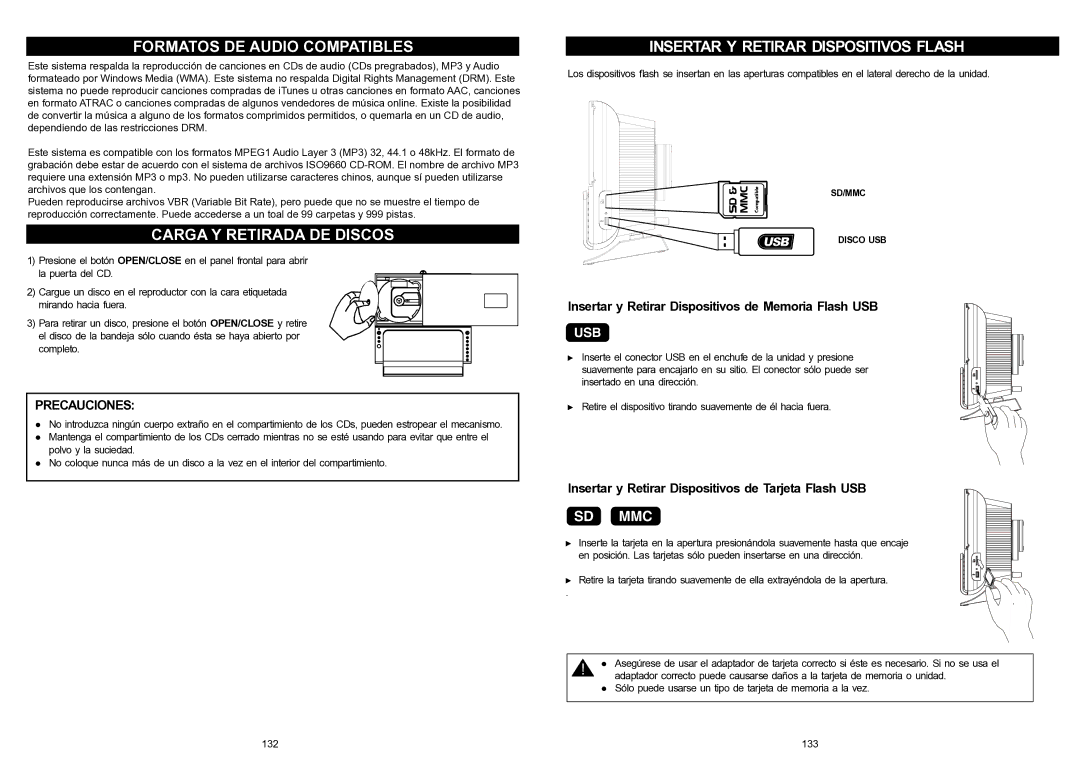 iSymphony V1BLUE Formatos DE Audio Compatibles, Carga Y Retirada DE Discos, Insertar Y Retirar Dispositivos Flash 