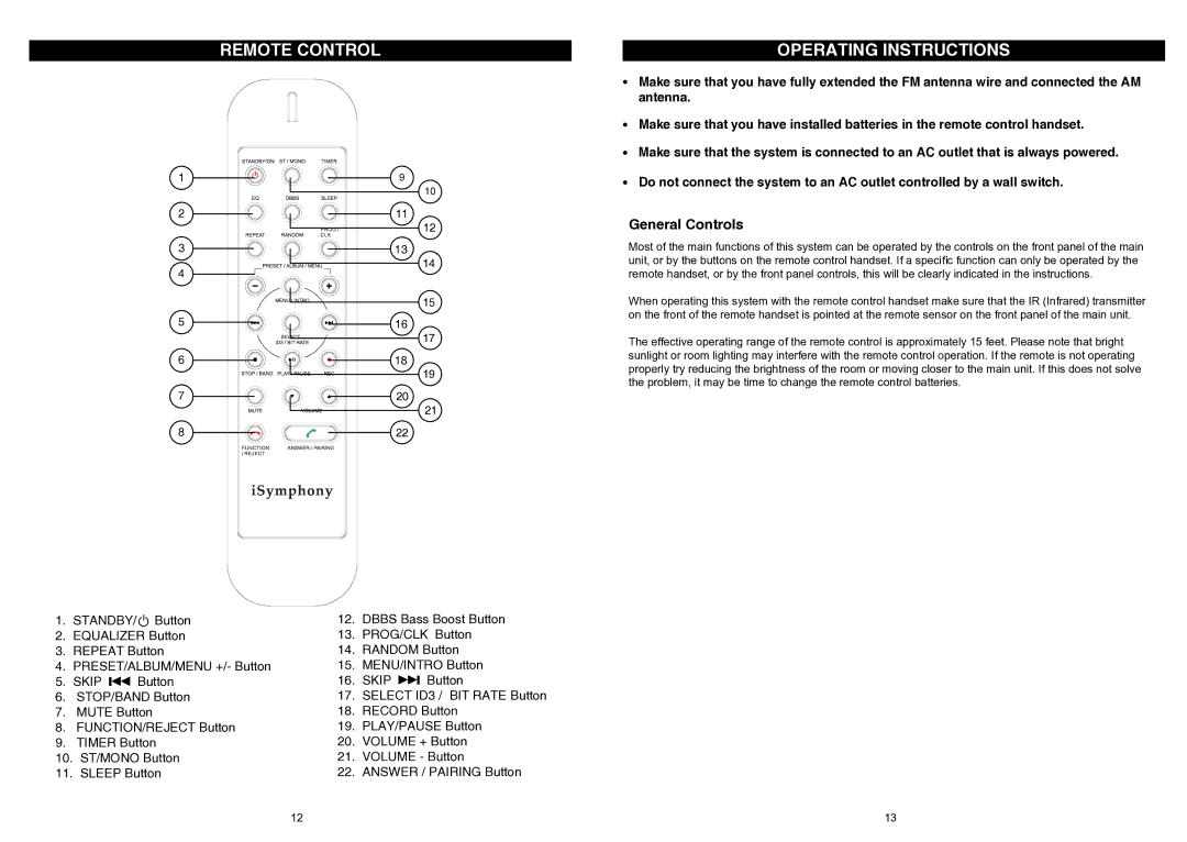 iSymphony V1BLUE user manual Remote Control Operating Instructions, General Controls 