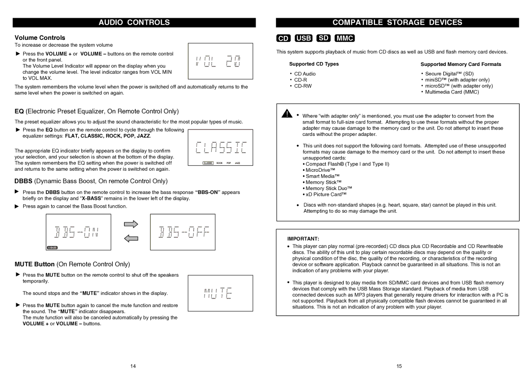 iSymphony V1BLUE user manual Audio Controls, Compatible Storage Devices, Volume Controls, Supported CD Types 