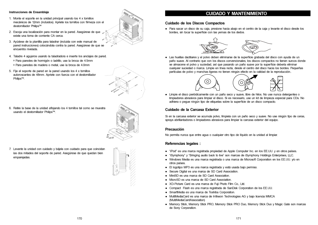 iSymphony V1BLUE Cuidado de los Discos Compactos, Cuidado de la Carcasa Exterior, Precaución, Referencias legales 