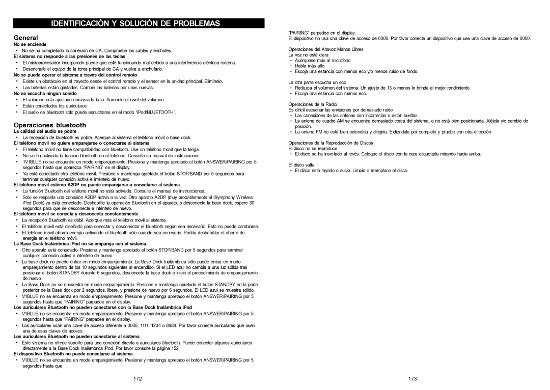 iSymphony V1BLUE user manual Identificación Y Solución DE Problemas, Operaciones bluetooth 