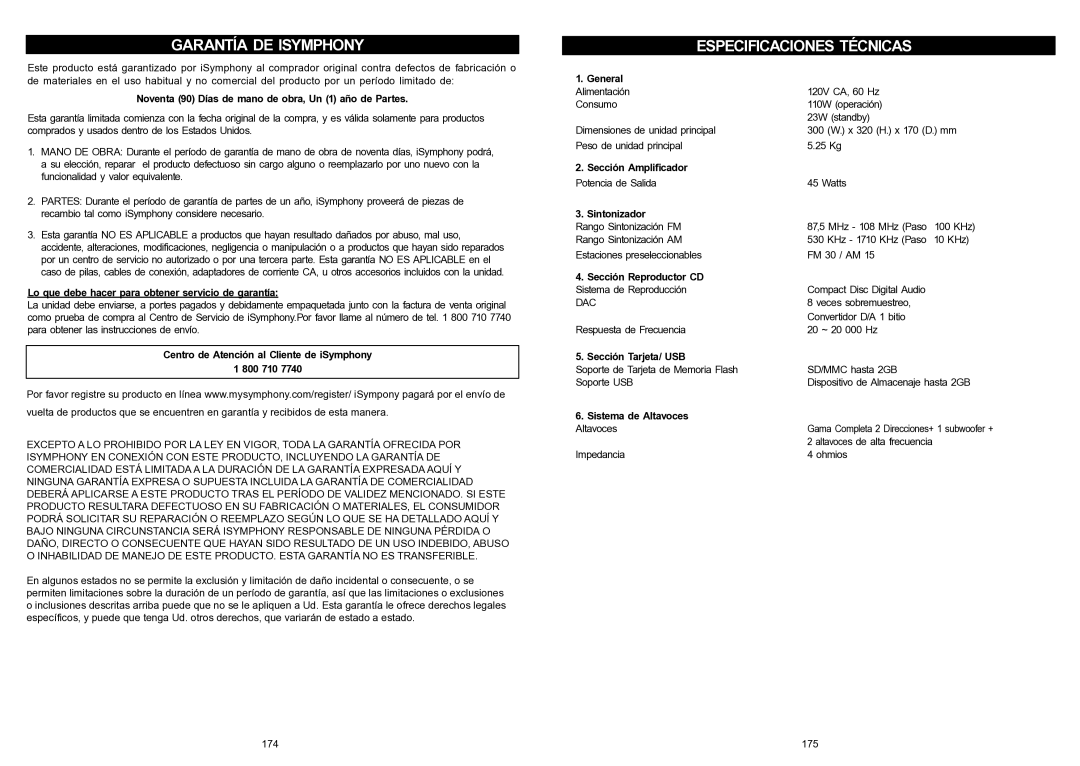 iSymphony V1BLUE user manual Especificaciones Técnicas 