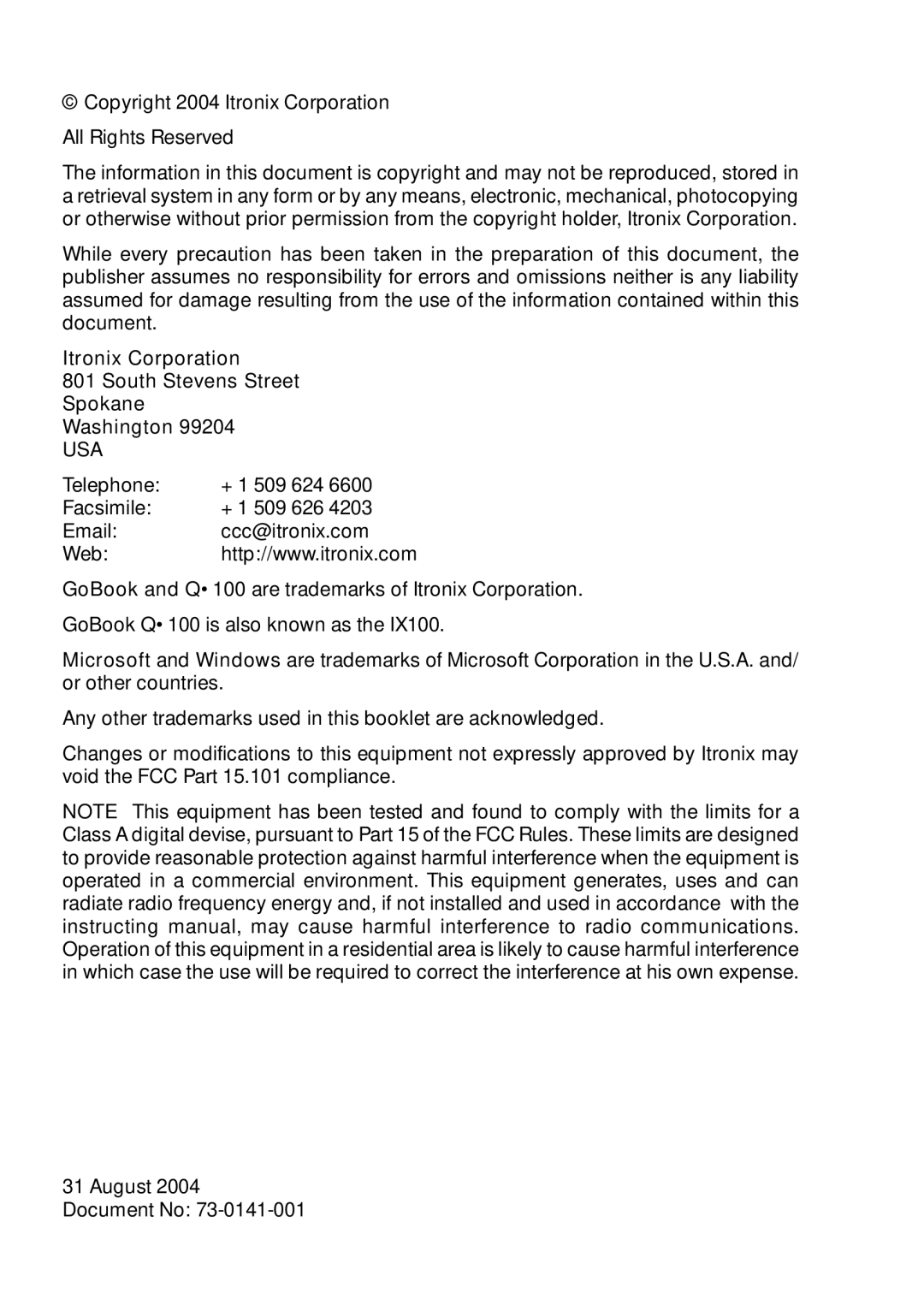 Itron Tech Q100 manual Copyright 2004 Itronix Corporation All Rights Reserved 