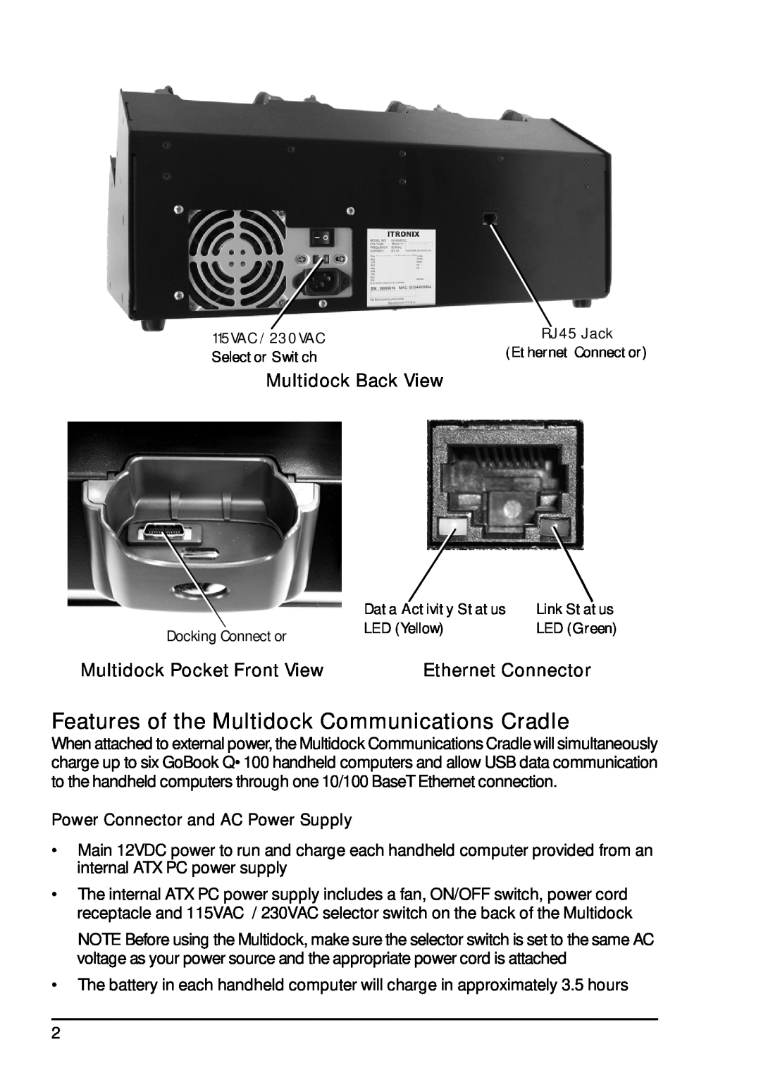 Itron Tech Q100 manual Features of the Multidock Communications Cradle, Multidock Back View, Multidock Pocket Front View 