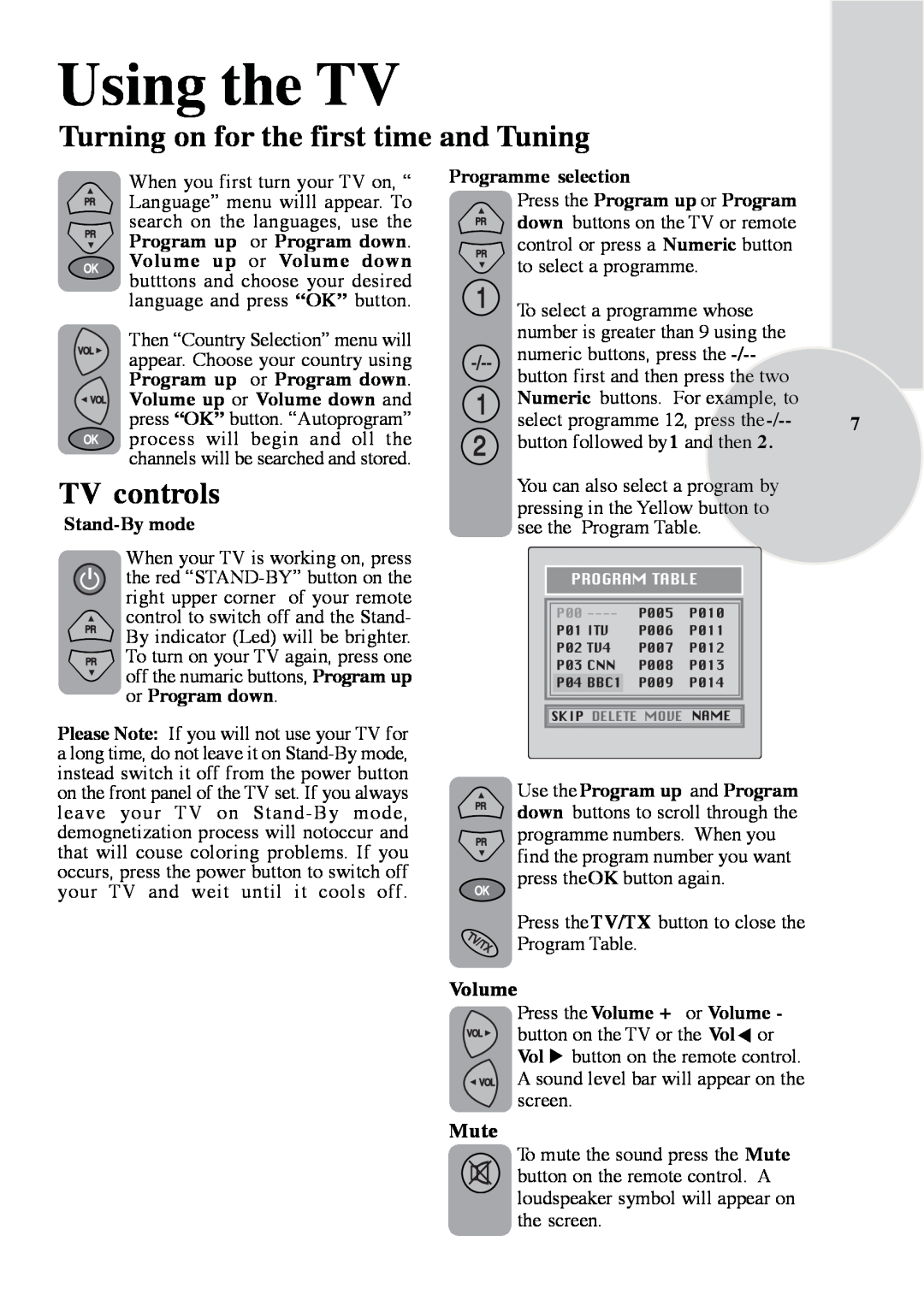 ITT 29-100-1 ST manual Using the TV, Turning on for the first time and Tuning, TV controls, Volume, Mute, Stand-By mode 