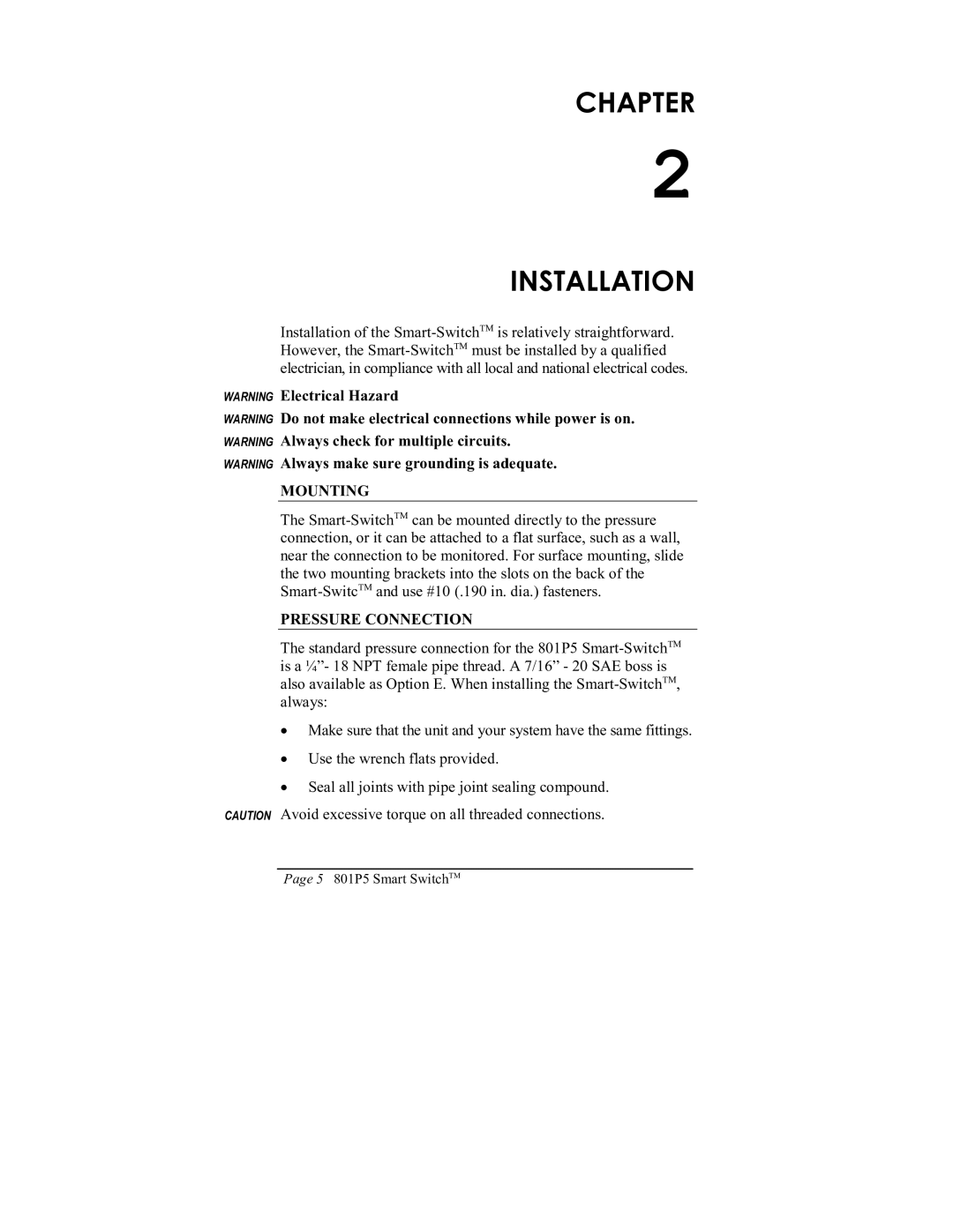 ITT 801P5 operation manual Chapter Installation 