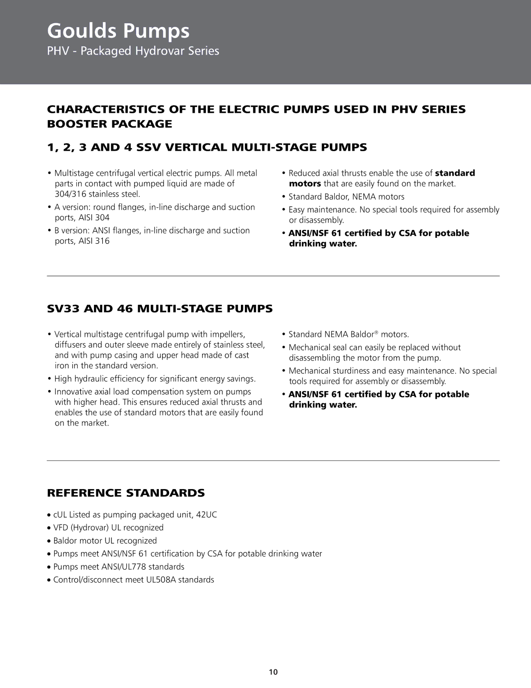 ITT BPHV manual SV33 and 46 MULTI-STAGE Pumps, Reference Standards, ANSI/NSF 61 certified by CSA for potable drinking water 