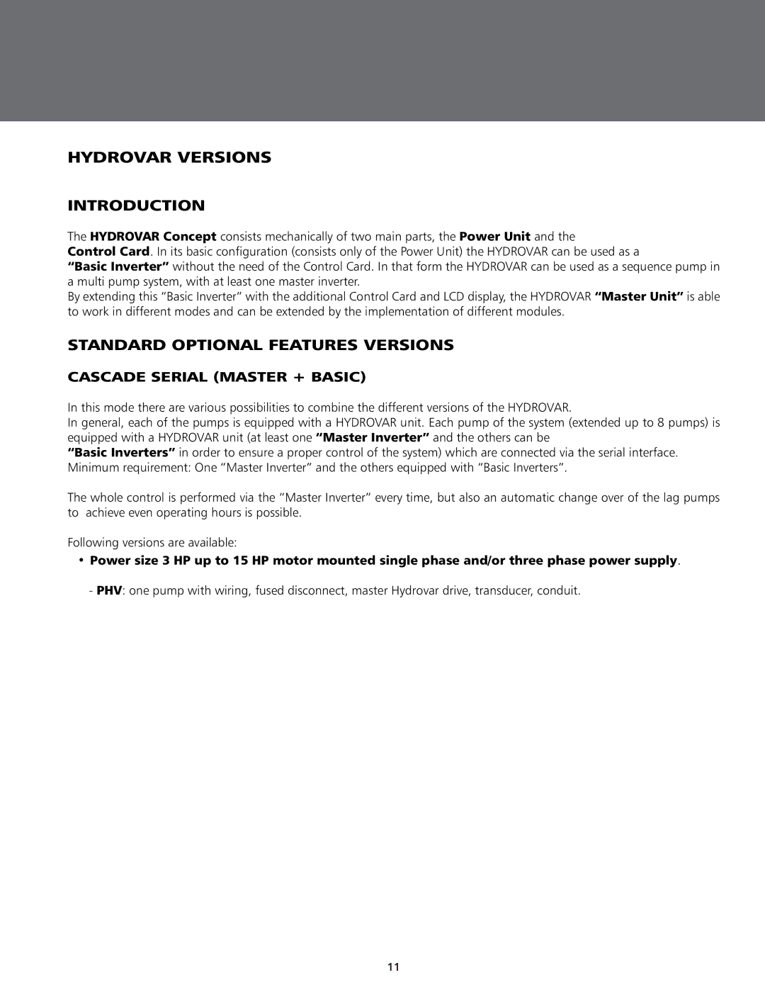 ITT BPHV manual Hydrovar Versions, Introduction, Standard Optional Features Versions 