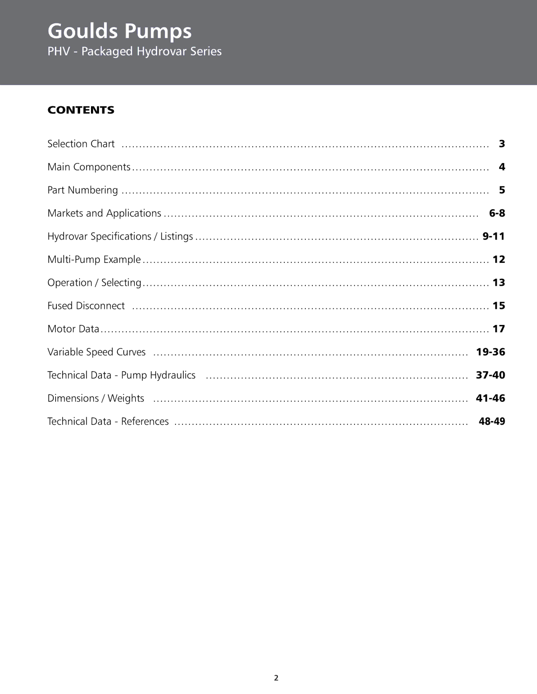 ITT BPHV manual Goulds Pumps, Contents 