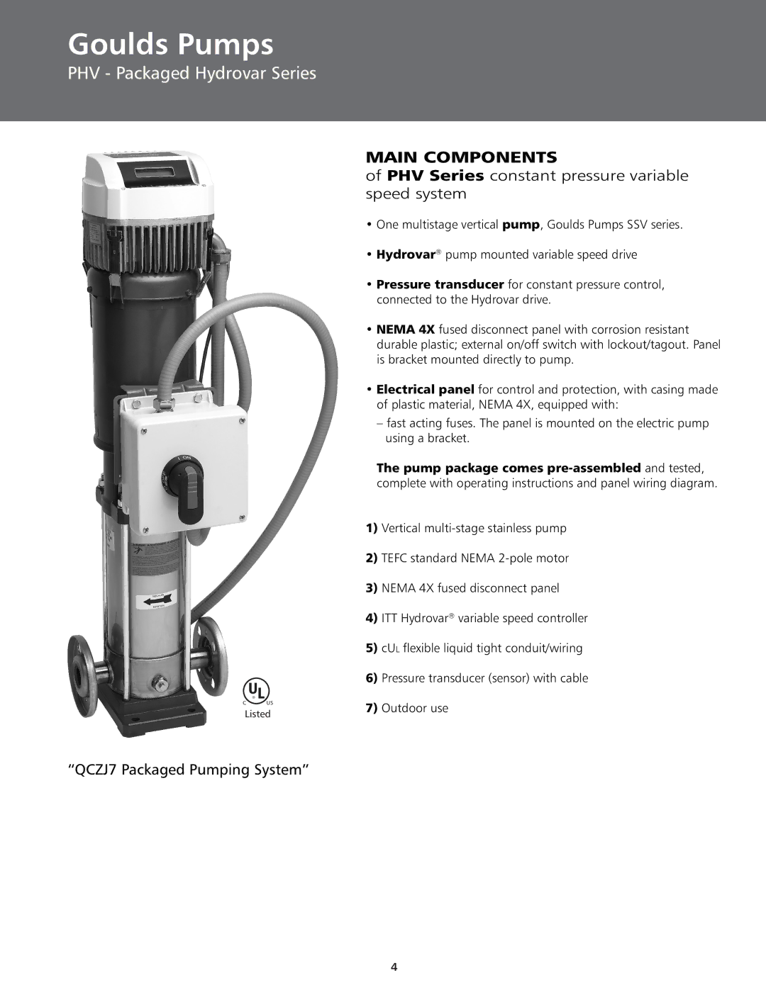 ITT BPHV manual Main Components, PHV Series constant pressure variable speed system 