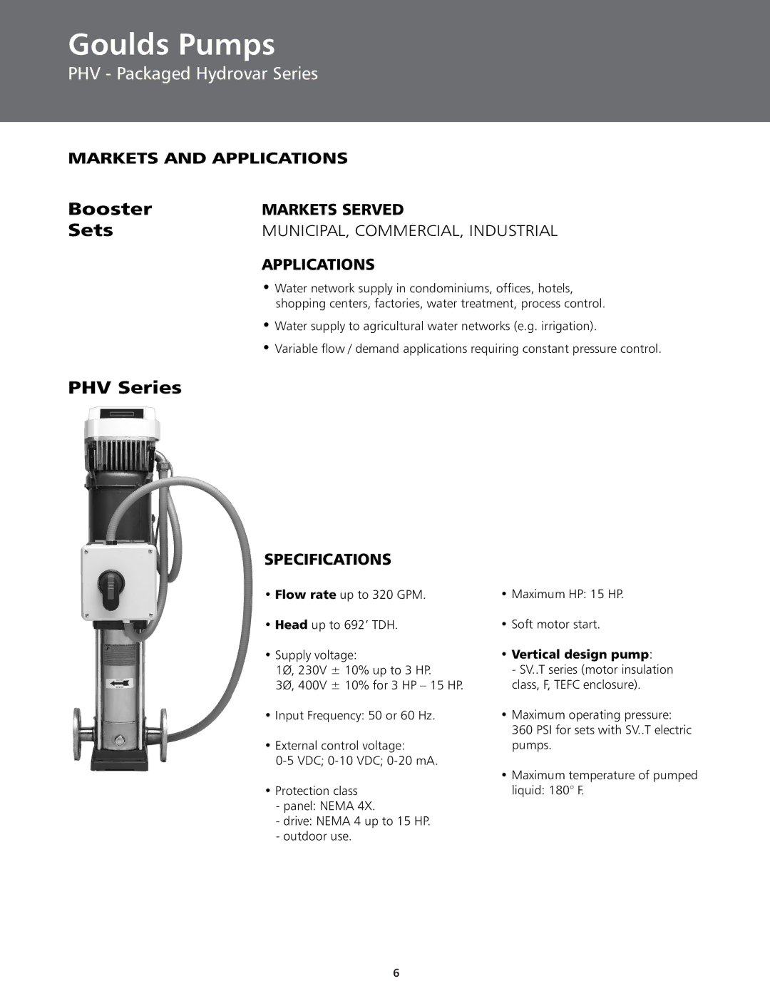 ITT BPHV manual Markets and Applications, Markets Served, MUNICIPAL, COMMERCIAL, Industrial, Specifications 