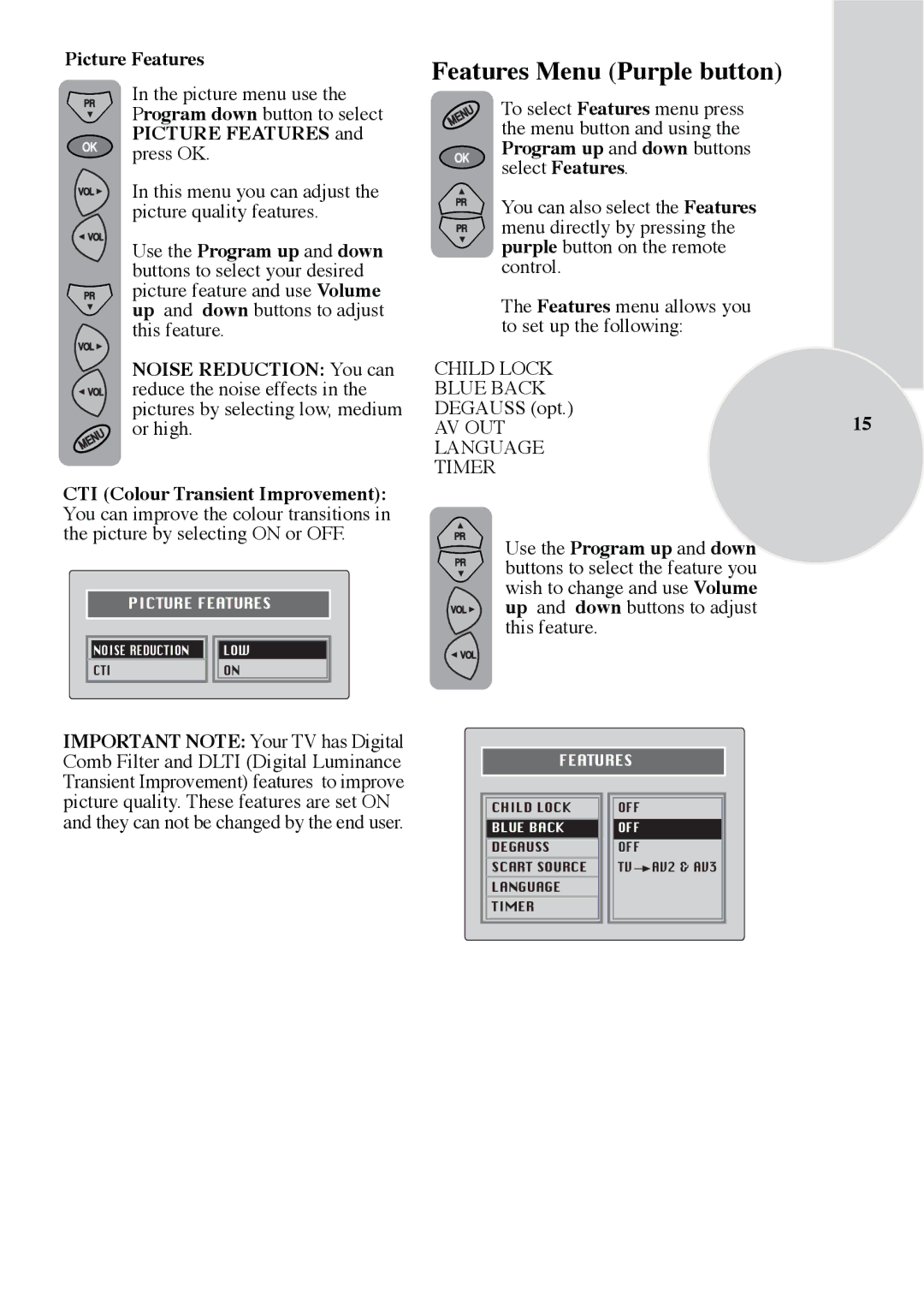 ITT CTV 29-100 ST operating instructions Features Menu Purple button, Picture Features 