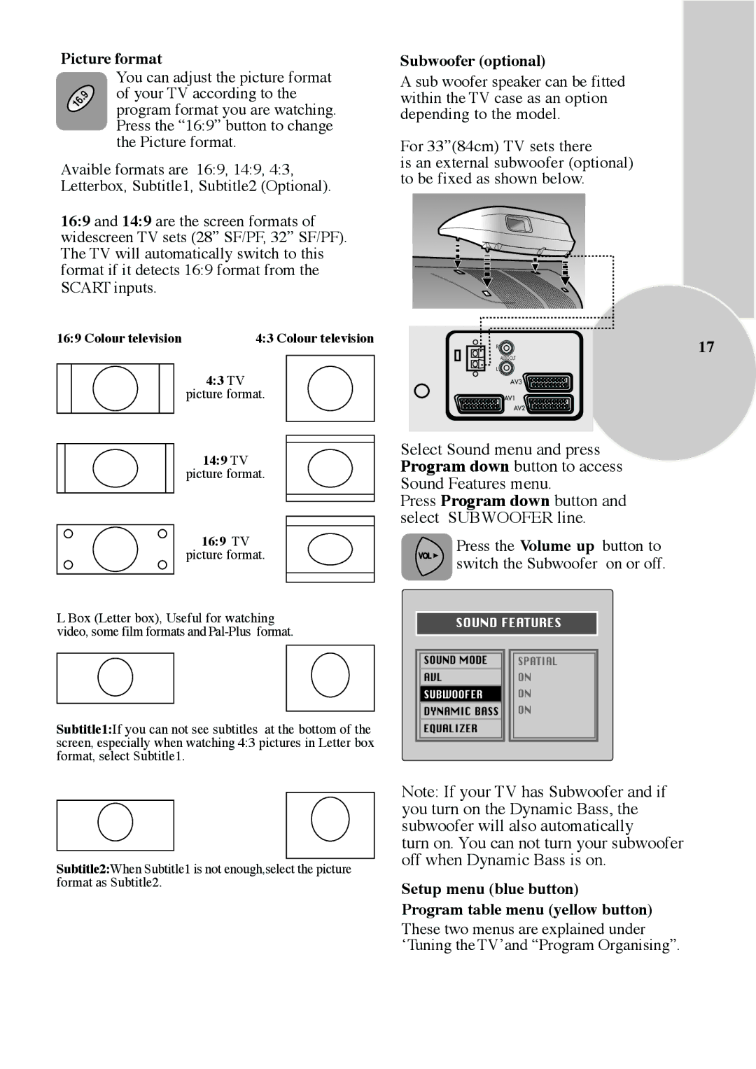 ITT CTV 29-100 ST Picture format, Subwoofer optional, Setup menu blue button Program table menu yellow button 